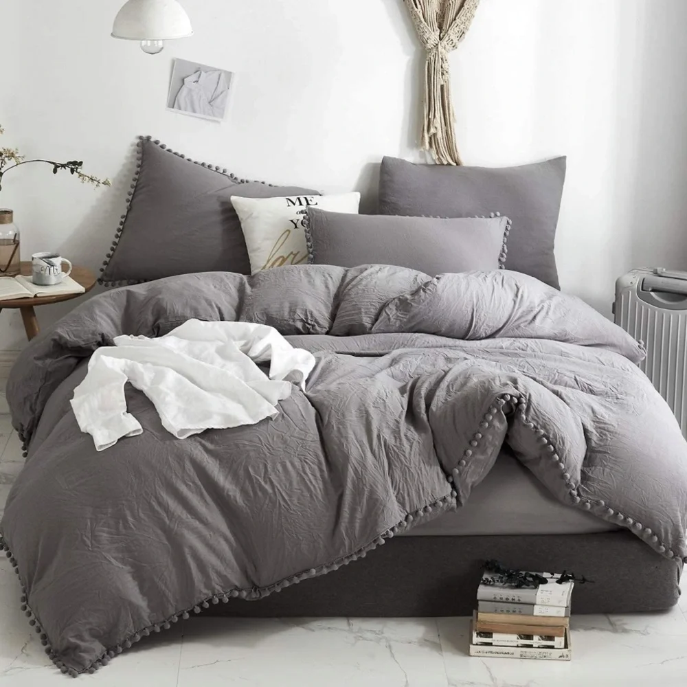 New GREY Pom Pom Fringe Duvet Cover Set